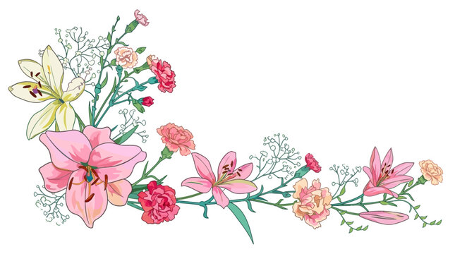 Bela ilustra&ccedil;&atilde;o de canto floral com l&iacute;rios cor-de-rosa e brancos, cravos vibrantes e pequenas flores brancas delicadas, isolada em um fundo branco para design criativo.