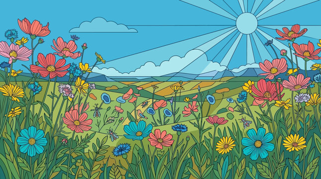 Illustration vectorielle color&eacute;e d'un champ de fleurs sauvages printanier sous un soleil radieux avec un ciel bleu et des collines vallonn&eacute;es en arri&egrave;re-plan