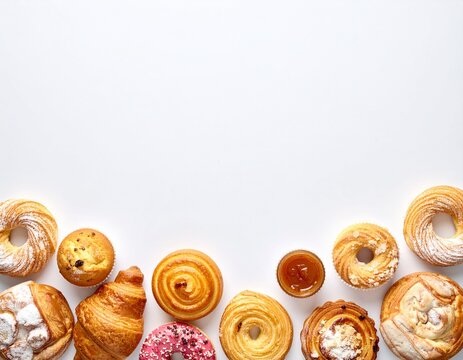 Fresh Croissants, Donuts, Muffins and Danish Pastries Border with Copy Space on White Background, Bakery Breakfast Flat Lay