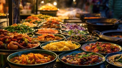 Fototapeta premium Vibrant street food market with colorful dishes and fresh ingredients display