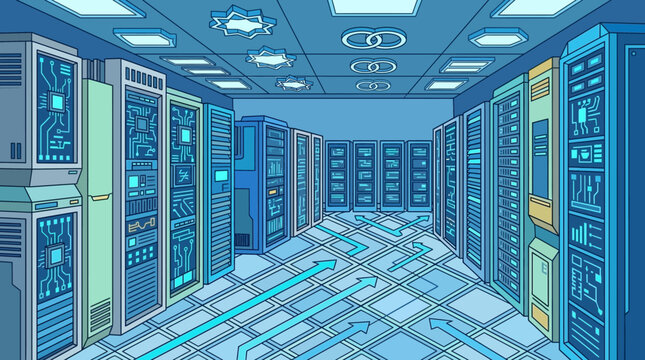 Illustration vectorielle d'un centre de donn&eacute;es moderne avec des rang&eacute;es de serveurs informatiques et des fl&egrave;ches de flux de donn&eacute;es sur le sol dans une salle de serveurs bleue.