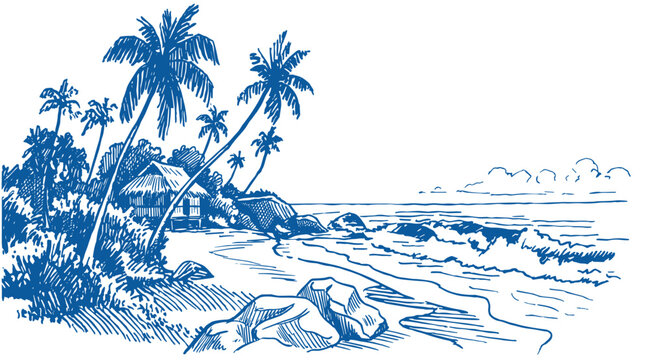 Tropical beach scene with palm trees and hut