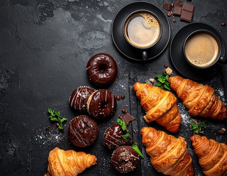 Chocolate Cupcakes, Donuts, Croissants and Coffee Flat Lay on Dark Background, Gourmet Bakery Breakfast Concept