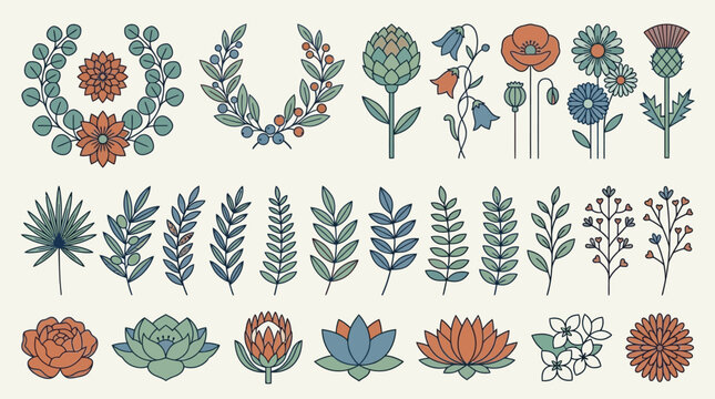 Set di elementi floreali e botanici in stile geometrico minimalista con fiori, foglie, rami e ghirlande decorative in tonalit&agrave; pastello su sfondo chiaro per design grafico.