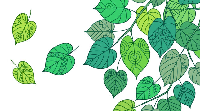 Illustrazione vettoriale di un ramo con foglie verdi a forma di cuore decorate con motivi geometrici e floreali stilizzati, isolato su sfondo bianco per design naturale.