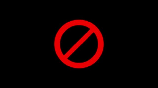 Warning, stop or prohibited, no entry forbidden red circle and line symbol icon animation on a black background.