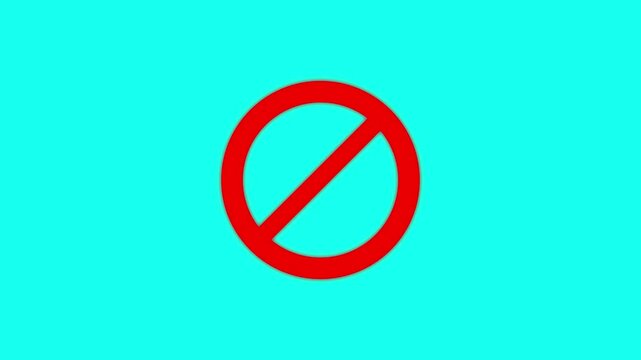 Warning, stop or prohibited, no entry forbidden red circle and line symbol icon animation on a blue background.