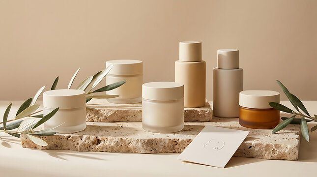 Beauty and skincare products on natural stone display with olive branches