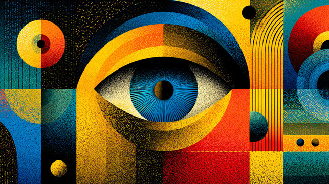 Abstract colorful eye illustration with geometric shapes and patterns
