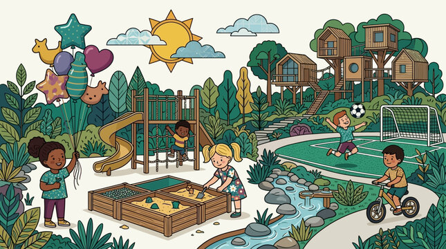 Ilustraci&oacute;n colorida de un parque infantil vibrante con ni&ntilde;os jugando, casas en los &aacute;rboles, un arenero, un campo de f&uacute;tbol y globos festivos en un d&iacute;a soleado de verano