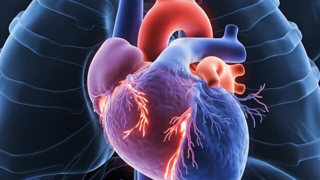 A detailed 3d illustration of a human heart with its chambers and blood vessels highlighted in red and blue, set against a dark blue background with ribcage visible