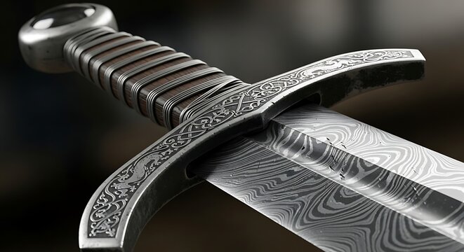Close up of a medieval sword with damascus steel blade and engraved crossguard.