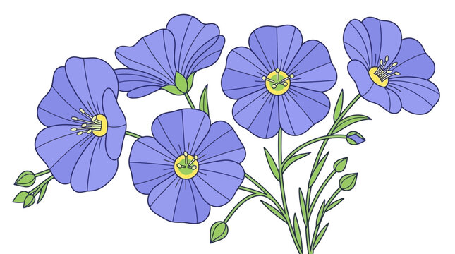 Ilustraci&oacute;n bot&aacute;nica detallada de un ramillete de flores de lino azul con p&eacute;talos delicados, tallos verdes y capullos, aislada sobre un fondo blanco limpio para dise&ntilde;o gr&aacute;fico.
