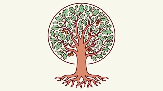 Ilustraci&oacute;n vectorial de un roble estilizado con bellotas y ra&iacute;ces visibles, enmarcado en un c&iacute;rculo sobre un fondo crema, ideal para dise&ntilde;o de logotipos y branding ecol&oacute;gico.