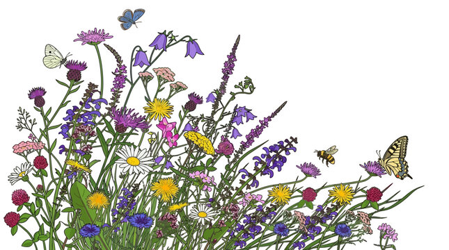 Illustrazione botanica di un prato fiorito con fiori di campo colorati, farfalle e api su uno sfondo bianco isolato, ideale per design primaverili ed estivi.