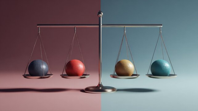 A balanced scale displaying four colorful spheres, two on each side, representing a concept of equilibrium and comparison
