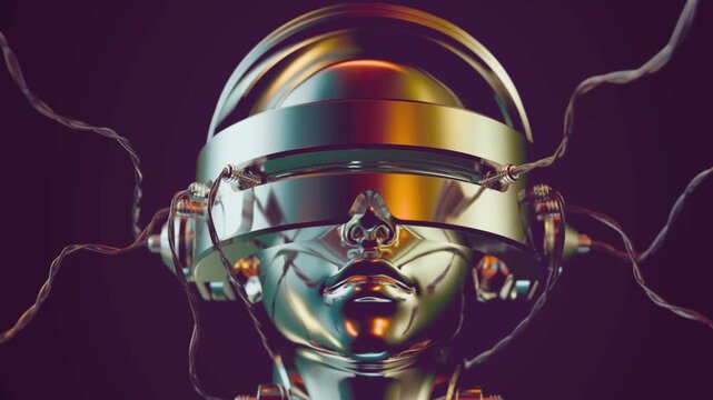 Futuristic metallic cyborg head with VR headset and connecting wires. 3D render concept for metaverse, artificial intelligence, neural interface and advanced virtual reality technology