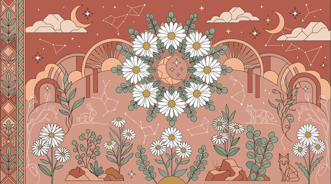 Dekorative Illustration im Boho-Stil mit G&auml;nsebl&uuml;mchen-Mandala, Sternbildern, Mondsicheln und floralen Elementen in einer erdigen Farbpalette f&uuml;r ein mystisches Wanddesign.