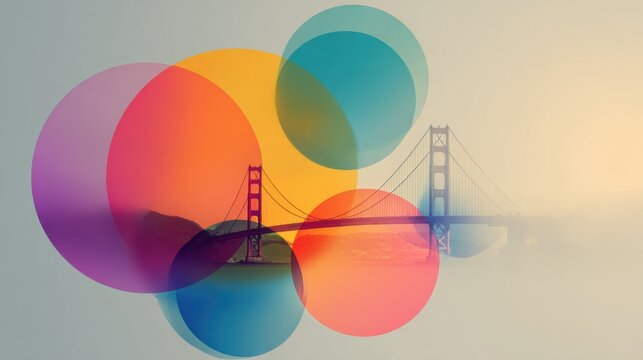 Abstract colorful circles overlaying a suspension bridge, creating a vibrant and modern artistic composition