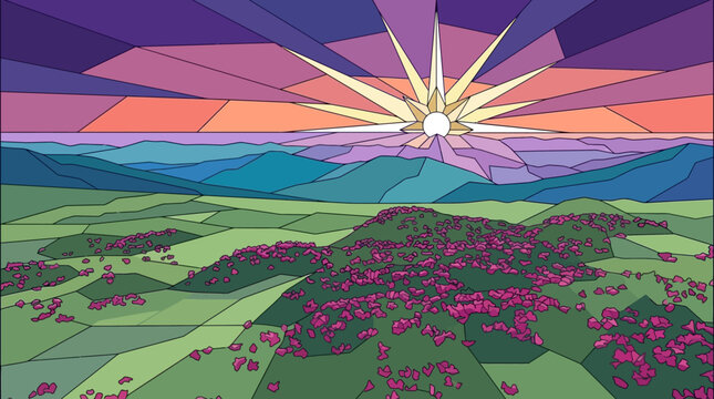 Illustrazione stilizzata di un paesaggio collinare al tramonto con un sole radiante, campi verdi e fiori rosa in uno stile geometrico ispirato alle vetrate colorate.