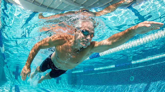 Senior male swimmer with goggles, under clear blue water, swimming freestyle stroke, indoor swimming pool, fitness photography