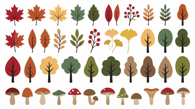 Autumn Nature Elements Vector Set: Fall Leaves, Trees, Mushrooms, Berries
