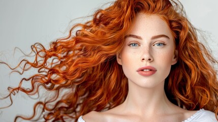 Fototapeta premium Stunning young woman with vibrant red hair showcasing natural beauty and confidence against soft neutral background