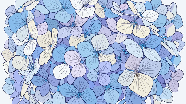 Ilustra&ccedil;&atilde;o art&iacute;stica detalhada de um buqu&ecirc; de flores de hort&ecirc;nsia em tons de azul e lil&aacute;s, apresentando um design floral elegante com contornos suaves e estilo bot&acirc;nico decorativo.
