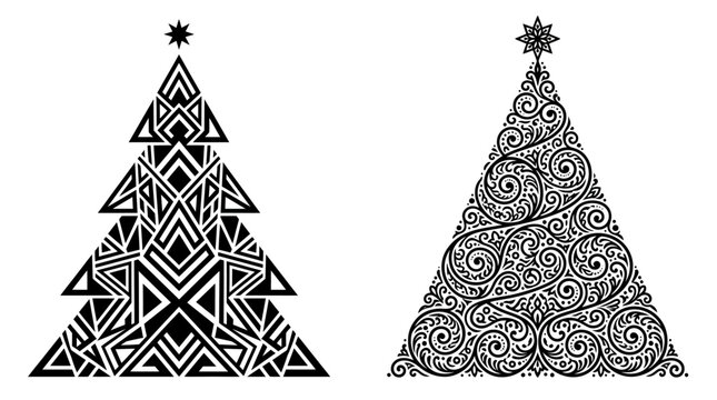Zwei stilisierte Weihnachtsb&auml;ume als schwarze Silhouetten mit geometrischen Mustern und floralen Ornamenten auf wei&szlig;em Hintergrund f&uuml;r festliche Dekorationen