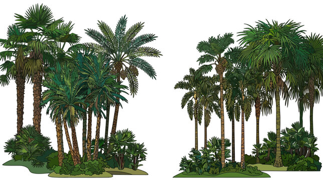 Conjunto de palmeras tropicales y vegetaci&oacute;n exuberante aisladas sobre un fondo blanco puro, ideales para composiciones de dise&ntilde;o paisaj&iacute;stico, arquitectura y proyectos de visualizaci&oacute;n 3D.