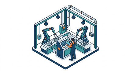 Obraz premium Automated Factory with Robotic Arms and Worker.