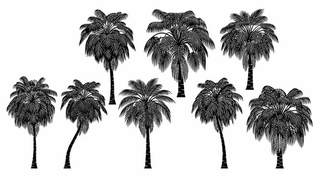 Conjunto de ilustra&ccedil;&otilde;es de palmeiras tropicais em estilo de desenho a tinta preta, isoladas sobre um fundo branco, perfeitas para design gr&aacute;fico e projetos de arte bot&acirc;nica.