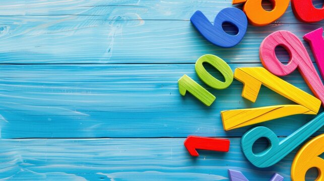 Colorful Wooden Numbers on Blue Wooden Background for Educational Purposes and Learning Activities