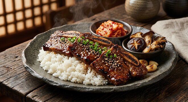 Korean Grilled Galbi Beef with Sticky Rice and Kimchi Close Up Restaurant Plate