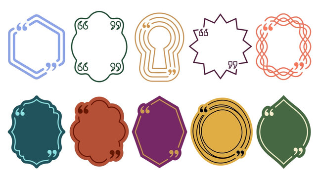 Conjunto de dez molduras decorativas com &iacute;cones de aspas para cita&ccedil;&otilde;es, apresentando diversos estilos geom&eacute;tricos, formas vintage e contornos coloridos em um design plano e minimalista.