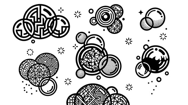 Conjunto de elementos gr&aacute;ficos abstratos com c&iacute;rculos, padr&otilde;es geom&eacute;tricos e linhas em estilo de arte de linha preta sobre fundo branco, ideal para design moderno e criativo.