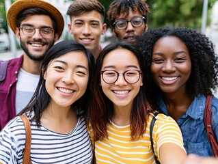 Obraz premium Diverse Group of Happy Young Adults Taking Selfie Outdoors in a Park