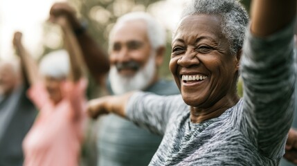 Fototapeta premium Happy elderly people smiling and enjoying outdoor gathering with friends
