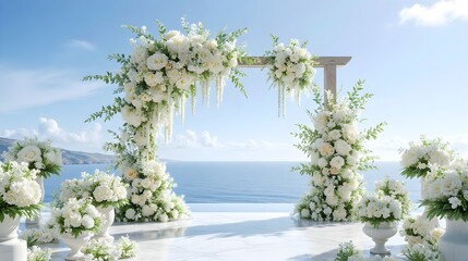 Fototapeta premium Luxury Oceanfront Wedding Arch With Elegant Floral Ceremony Decor