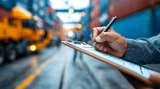 Business professional inspecting customs and trade compliance documentation outdoors