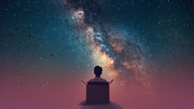 AI Generative. Man silhouette sitting inside a cardboard box looking at the starry night sky and milky way galaxy, think outside the box concept. 1