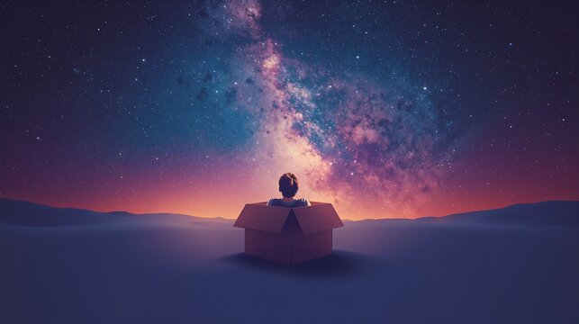 AI Generative. Man silhouette sitting inside a cardboard box looking at the starry night sky and milky way galaxy, think outside the box concept. 2
