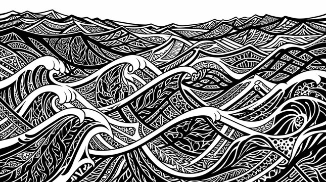 Ilustraci&oacute;n art&iacute;stica en blanco y negro de olas del oc&eacute;ano con patrones intrincados y detalles ornamentales estilo grabado que representan un mar agitado y din&aacute;mico.