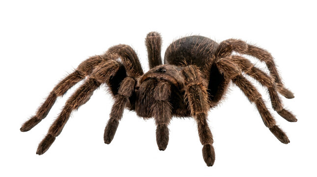 Hairy brown tarantula spider isolated on white background, giant arachnid macro photography, exotic pet tarantula in studio lighting