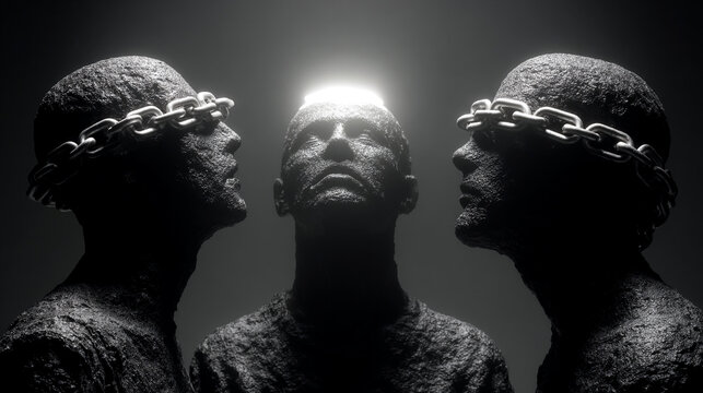 Dark surreal art depicting three mysterious figures with glowing crowns in a moody, atmospheric setting