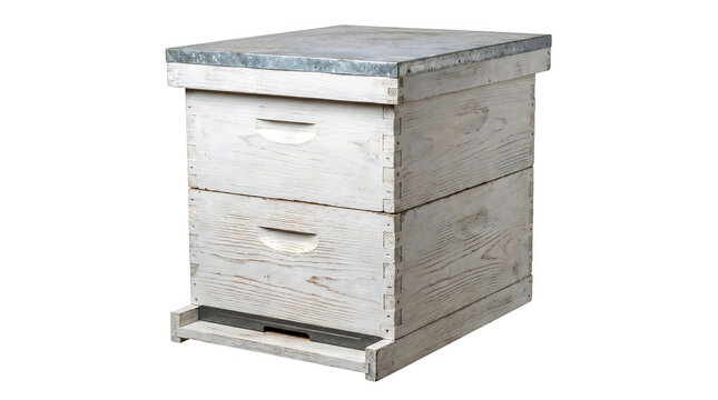 Rustic wooden beehive with weathered white paint, traditional apiary bee box for honey production, vintage timber beehive isolated on transparent