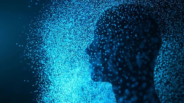 Artificial intelligence woman profile formed by blue glowing particles. Digital head dissolving into data cloud. Futuristic technology and machine learning concept.
