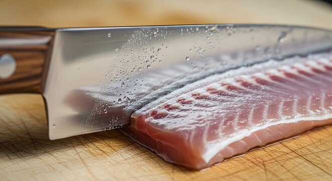 Knife slicing raw fish fillet