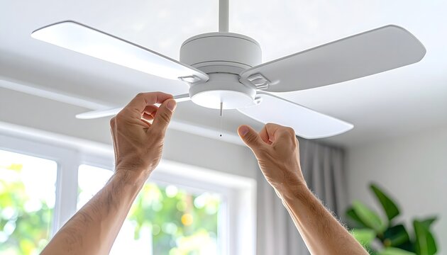 Manos ajustando un ventilador de techo blanco en una habitaci&oacute;n luminosa con ventanas y plantas de interior