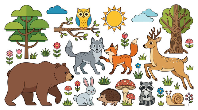 Conjunto de ilustraciones vectoriales de animales del bosque con un oso, un ciervo, un zorro, un lobo, un b&uacute;ho y otros elementos de la naturaleza en un estilo de dise&ntilde;o plano y colorido